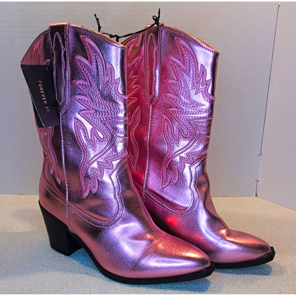 Forever 21 Pink Metallic Embroidered Western Mid-Calf Boots US 5.5